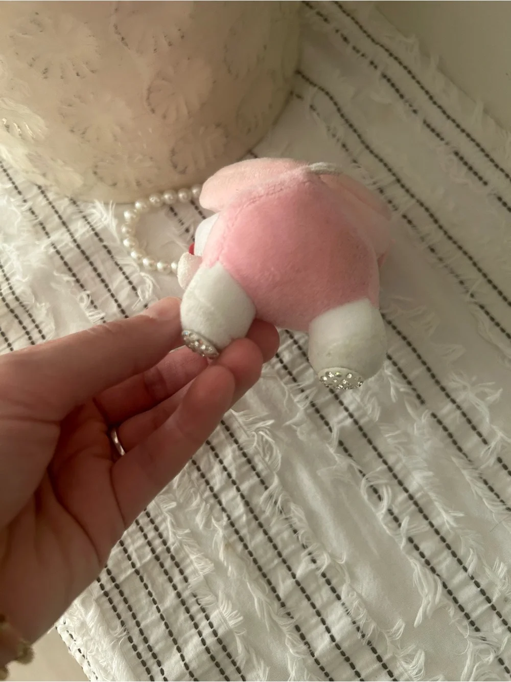 Sanrio Hello Kitty Plush Keychain Pearl Wristlet Pink Zipper Pouch